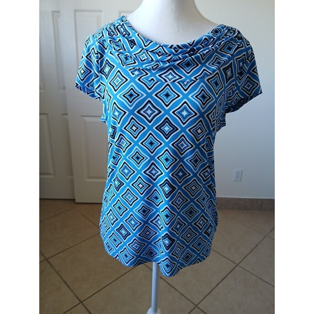Kasper Womens Blue  Geometric Print‎ Cap Sleeve Top Blouse Size XS